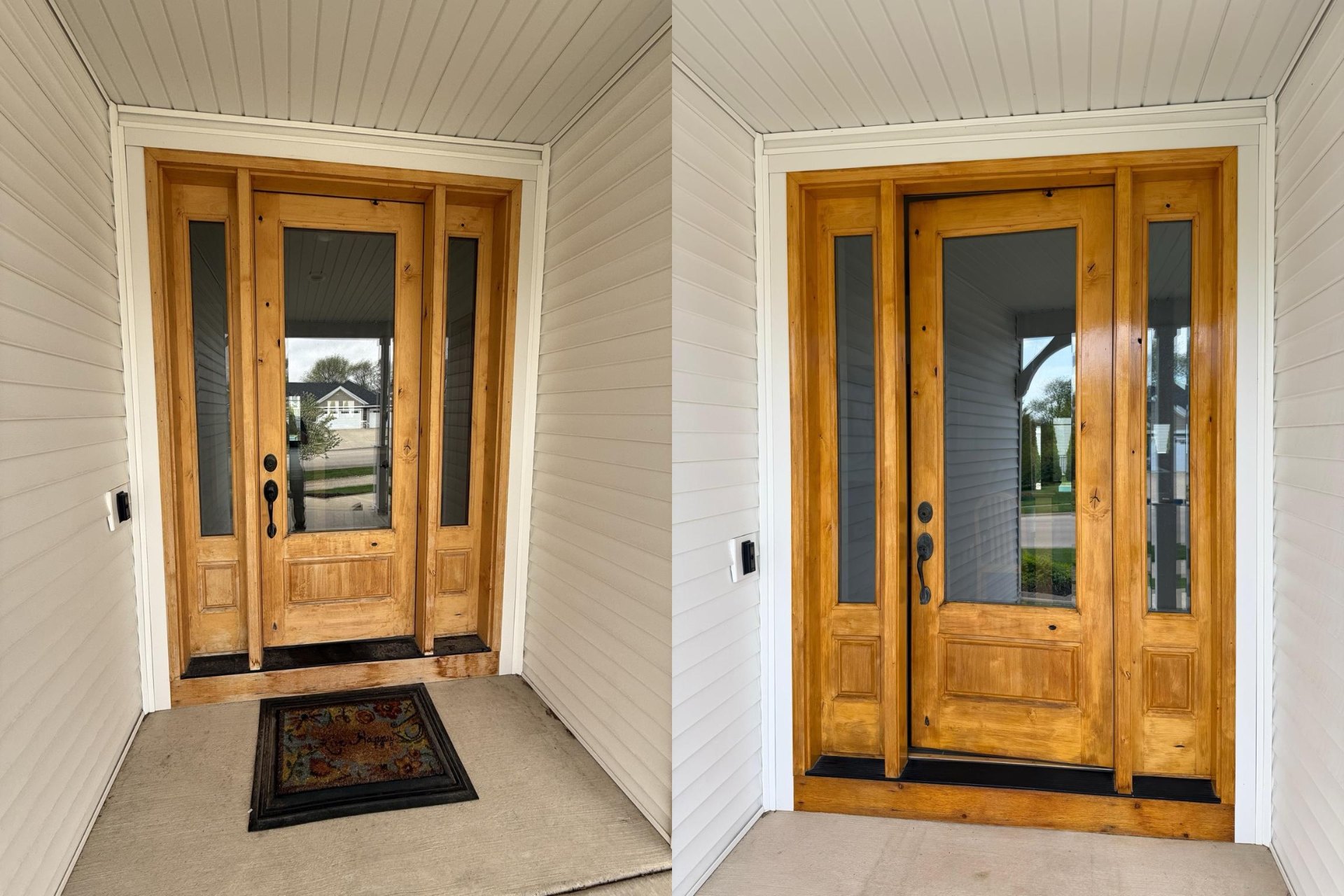 Refinished wood front door and sidelights with a warm natural stain